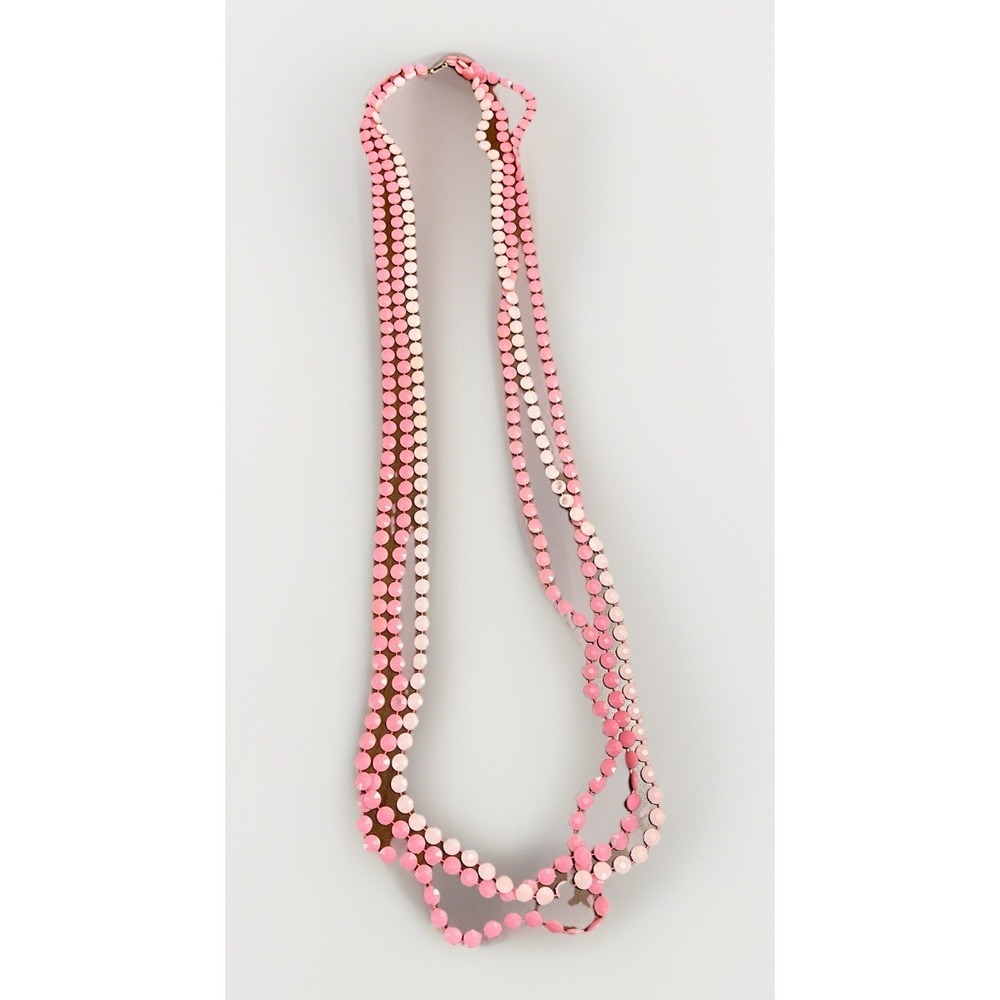 Vtg Mod Pink 1960s 3 Strand Beaded Plastic Necklace 46" Barrel Clasp Hippie‎